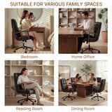 KISLOT Home Office Desk Chair, Ergonomic Office Chair with Square-Patterned Leather Upholstery, Adjustable Swivel Computer Chair with Wood Arms & Wheels, Soft-Rounded Front Edge, Espresso