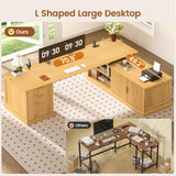 SEDETA Fluted 70.9" L Shaped Desk with Drawers and Storage Cabinet, Oak