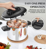 KOCH SYSTEME CS Stainless Steel Pressure Cooker 6.3 QT, Olla de Presion, Easy One-Press Lock, 3 PSI Settings Stovetop Pressure Cookers, Save 70% Time, Induction Compatible, Glass Lid & Steamer Rack