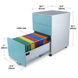 File Cabinet 3-Drawer Metal with Lock Key Sliding Drawer, White/Aqua Blue, Fully Assembled