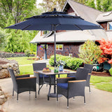 PHI VILLA 5pc Patio Dining Set with Umbrella, Square Table, Rattan Chairs