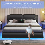 DICTAC Queen Bed Frame with Led Lights and Charging Ports Modern Upholstered Queen Size Platform Bed with Headboard Faux Leather Wave Like Curve Low Profile Platform Bed Frame,Wood Slats Support,Black
