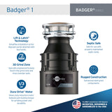 InSinkErator Garbage Disposal, Badger 1, Standard Series, 1/3 HP Continuous Feed, Black, Waterborne Grey Enamel