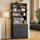 IRONCK Bakers Rack Microwave Stand with Customizable Pegboard and Storage, 71" Farmhouse Coffee Bar Cabinet with Drawer, Barn Doors, Adjustable Shelves for Kitchen, Dining Room, Living Room, Black