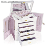 AKOZLIN Extra Large 6-Tier Jewelry Box Organizer with Mirror, 5 Drawers Leather Jewelry Storage Case for Women Girls Ring Necklace Earring Bracelet White