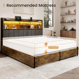 BRELTAM Queen Bed Frame with 6 Storage Drawers, Linen Upholstered Headboard, Built-in USB Charging Station & LED Lighting, Silent Metal Support, No Box Spring Needed, Vintage Brown