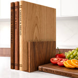 Liereti Premium 3pc Book Cutting Board Set with Stand, Space-Saving Decorative Wood Cutting Board Library, 100% Natural Wood Grain Finish, Sleek Laser-Engraved Labels