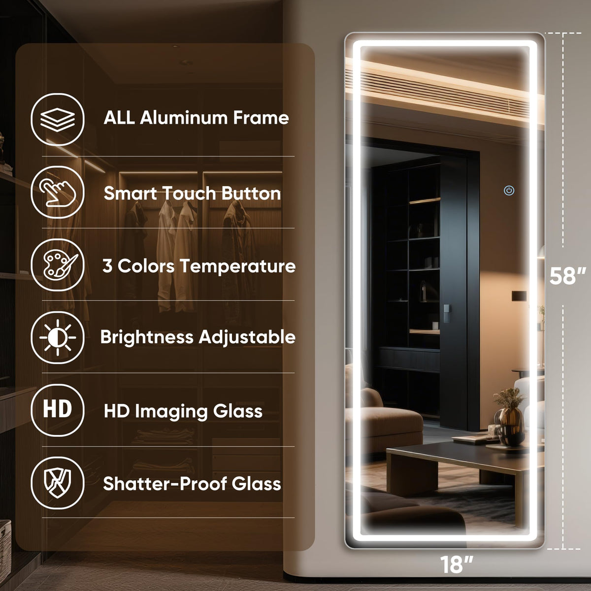 Antok LED Full Length Mirror with Light, 58