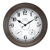 CLXEAST 24 Inch LED Illuminated Outdoor Clocks Waterproof with Thermometer & Hygrometer, Large Lighted Metal Wall Clock with Smart Night Light Sensor,Grey Oak Finish,House Warming Gifts New Home