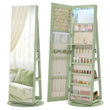 SONGMICS 6 LEDs Lockable Mirror Jewelry Cabinet, 360° Swivel Jewelry Organizer Armoire Standing, Frameless Full-Length Mirror, 3 Storage Shelves, Laurel Green Surface, Cream White Lining UJJC007C01