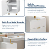 Techni Mobili 57"W Computer Desk w/ 3 Drawers & Storage Cabinet, White/Gold