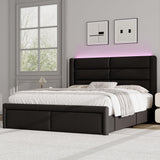 Queen Upholstered Bed Frame with Headboard and LED Lights, Modern Faux Leather Bed Frame with Wooden Slats Support and Heavy Duty Mattress Foundation, No Box Spring Needed, Easy Assembly, Black