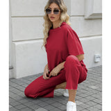 SeeLuNa Women's Two Piece Outfits 3/4 Batwing Sleeve Capelet Crew Neck Pullover Top Wide Leg Pants Lounge Set(Wine Red,XL)
