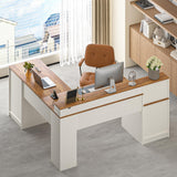 63" Farmhouse L Shaped Executive Desk with Drawers & Storage Shelf,
