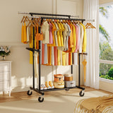 YGleeao Heavy Duty Clothes Rack: 800LBS Rolling Clothing Garment Rack for Hanging Coat Double Rods Portable Cloth Racks with Wheels Shelf Sturdy Metal Adjustable Wardrobe Bedroom Laundry Living Room