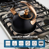 Viking 3-Ply Stainless Steel Tea Kettle, 2.6 Quart Stovetop Hot Water Pot with Tempered Glass Lid, Ergonomic Handle, Induction Ready, Matte Black and Copper