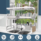 Babosas Over The Sink Dish Drying Rack,3 Tier Adjustable Length (25.5'' to 37.4'') Full Stainless Steel Large Storage Kitchen Dish Rack,For Kitchen Counter Expandable Multifunctional Organizers,Silver