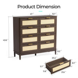 LINSY Rattan Dresser for Bedroom, Wide Mid-Century Modern Tall Chest of Drawers, Large Storage Wood Dresser with Deep Drawers, 8 Drawer, Dark Wood