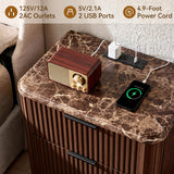 Lerivos Modern Fluted Nightstand Set of 2 with Charging Station, 22.8" Wide Wooden Bedside Table with 2 Drawers, Walnut Finish, Faux Marble Top, Curved Silhouette Design, End Table for Bedroom