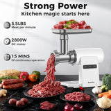 Kourice Electric Meat Grinder for Home Use, 2800W Peak Power, Heavy Duty Metal Body with Auto-Reverse, 2 Blades & 3 Grinding Plates, Sausage Stuffer & Kibbeh Kit, Easy Clean, White
