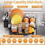 Urackify Dish Rack for Kitchen Counter, 304 Stainless Steel Dish Drying Rack, Expandable Dish Drainer, Foldable Dish Strainer with Cutlery Holder, Kitchen Plate Rack (Black, Large Size)