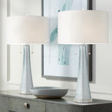 Possini Euro Design Miriam Modern Table Lamps 28.5" Tall Set of 2 Light Sky Blue Fluted Glass with Swirl Pattern White Drum Shade for Living Room Bedroom Bedside Nightstand Office Family
