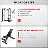 JELENS Power Cage, 2000LBS Multi-Function S11 Power Rack with LAT Pulldown, Squat Rack with Pulley System and More Training Attachments (Weight Bench Package)