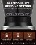 AMZCHEF Coffee Grinder, Coffee Bean Grinder for Home Use with Precise Grinding, LED Control Panel, Detachable Funnel Stand, Anti-static Design, 48 Grind Settings, Silver
