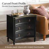 HULALA HOME 3 Drawer End Table with Charging Station, 26" Wide Endtable with Solid Wood Legs and Curved Profile, Classic Side Table for Living Room, Black