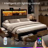 BRELTAM Queen Bed Frame with 6 Storage Drawers, Linen Upholstered Headboard, Built-in USB Charging Station & LED Lighting, Silent Metal Support, No Box Spring Needed, Vintage Brown