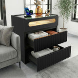 NightStand Set of 2 with Charging Station,with LED Lights and Tempered Glass Panel,Modern Bedside Tablewith 2 Fluted Drawers and One Glass Drawer,Hidden Handles End Table,Bedroom of Nightstand(Black)