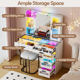 MDGC Makeup Vanity Desk with Mirror and RGB Lights,Glass Top Vanity Table with Wireless Charging & Stool,Vanity Set with 6 Drawers & Storage Cabinet & Makeup Organizer，Bedroom（White）