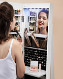 SONGMICS 6 LEDs Lockable Mirror Jewelry Cabinet, 360° Swivel Jewelry Organizer Armoire Standing, Frameless Full-Length Mirror, 3 Storage Shelves, White Surface, Black Lining UJJC007W01