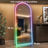 Hasipu 78.7" x 35.4" Arch LED RGB Bluetooth Full Length Mirror with Stand ＆ 7 Color Lighting Modes, Full Body Mirror with White Frame for Bedroom, Living Room, Dressing Room
