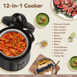 12-in-1 Electric Pressure Cooker 8 Quart, 1200W olla de presion Multi-Cooker with Stainless Steel Pot, Slow Rice Cooker, Saute, Steamer, Yogurt & Food Warmer, Delay Timer, Black