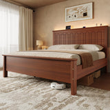 Uteeran King Size Bed Frame with Tall Headboard, Mid Century Modern Wood Platform Bed with Charging Ports and LED Lights, Solid Wood Slat Support, No Box Spring Needed, Easy Assembly, Warm Brown