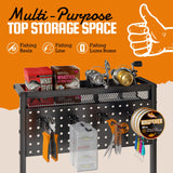 YQSLYSF Fishing Rod Holders for Garage with Pegboard & Metal Mesh Basket, Fishing Rod Storage Rack, Vertical Fishing Pole Holder for Up to 12 Poles, Tackle Gear Organizer
