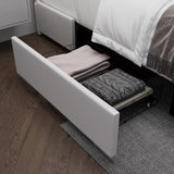 Keyluv Queen Bed Frame with RGB LED Lights Headboard & 2 Storage Drawers, Modern Upholstered Faux Leather Smart Platform Iron Metal Decor, USB USB-C Charging Ports, No Box Spring Needed, White