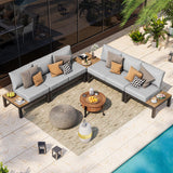 Oasbira Aluminum Modular Outdoor Patio Furniture Set, 6 Seats Sectional Sofa Set with Adjustable Backrest & Thick Cushions, All-Weather L-Shaped Corner Set with Table for Garden & Yard, Gray