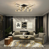 OKES Crystal Sputnik Ceiling Light Fixture，Modern Luxury Black and Gold Chandeliers with 17-Light，Semi Flush Mount Ceiling Light Fixture for Dining Room,Living Room,Kitchen Island,Bedroom.