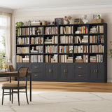 HOSTACK 71" Tall Triple Wide Bookshelf with Storage Drawers & Doors, Black