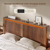 Homkdom King Bed Frame with 2 Drawers and Mid-Century Wooden Wavy Panel Headboard,Charging Station&LED Lights,Heavy Duty Steel,Noise-Free,No Box Spring Needed,Easy Assembly,Walnut
