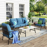 MFSTUDIO 4 Piece Metal Patio Furniture Set with Denim Blue Cushion