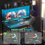 Desk with LED and Outlets, Gaming Desks with Hutch, 55.2'' Computer Desk with Drawers, Reversible Office Desk