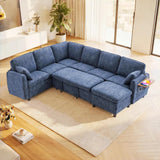 Modular Sectional Couch with Pull Out Sofa Bed, 116" U Shaped Modular Cloud Sofa Set with Ottoman, Charging Port & Foldable Side Table, 7 Seater Comfy Chenille Sleeper Couch for Living Room, Blue