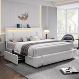 Keyluv Queen Bed Frame with RGB LED Lights Headboard & 2 Storage Drawers, Modern Upholstered Faux Leather Smart Platform Iron Metal Decor, USB USB-C Charging Ports, No Box Spring Needed, White