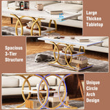 GiftGo Rustic Coffee Table with Storage Modern 3 Tier Center Living Room Table Faux Marble Wooden Rectangle Cocktail Tea Table for Office Bedroom Elegant Full Moon Design (White Gold, L-47)