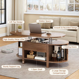 ONBRILL 43.3" Oval Lift Top Coffee Table with Hidden Compartment, Fluted Wood Coffee Table with Sliding Door, Mid-Century Modern Lift Tabletop Dining Table for Living Room, Home Office, Walnut