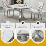 Maotifeys White Marble Dining Table for 4-6, Luxury 45" Round Faux Marble Kitchen Table for 4 Modern Circle Dining Room Tables with Classic American Style Silver Stainless Steel Base