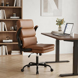 BOWTHY Mid Back Office Desk Chair,Leather Conference Room Chairs,Ergonomic Home Computer Chair,Modern Executive Chair with Padded Flip-up Armrest and Swivel Wheels (Brown)